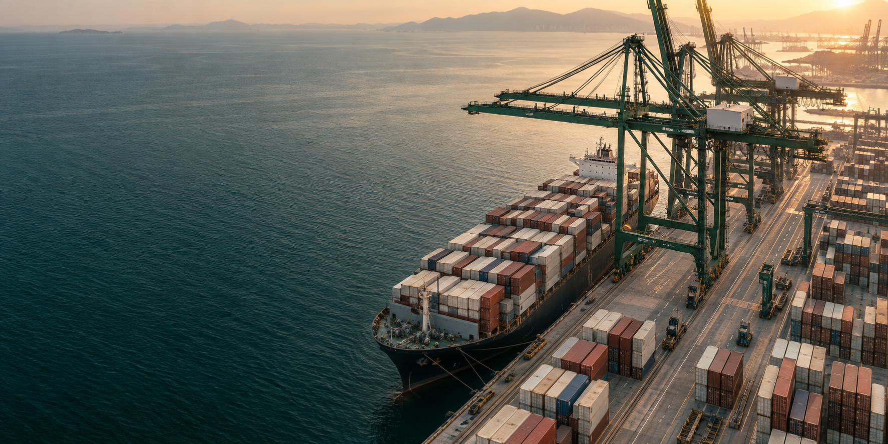 Illustrative aerial view of a cargo vessel and container terminal at dawn